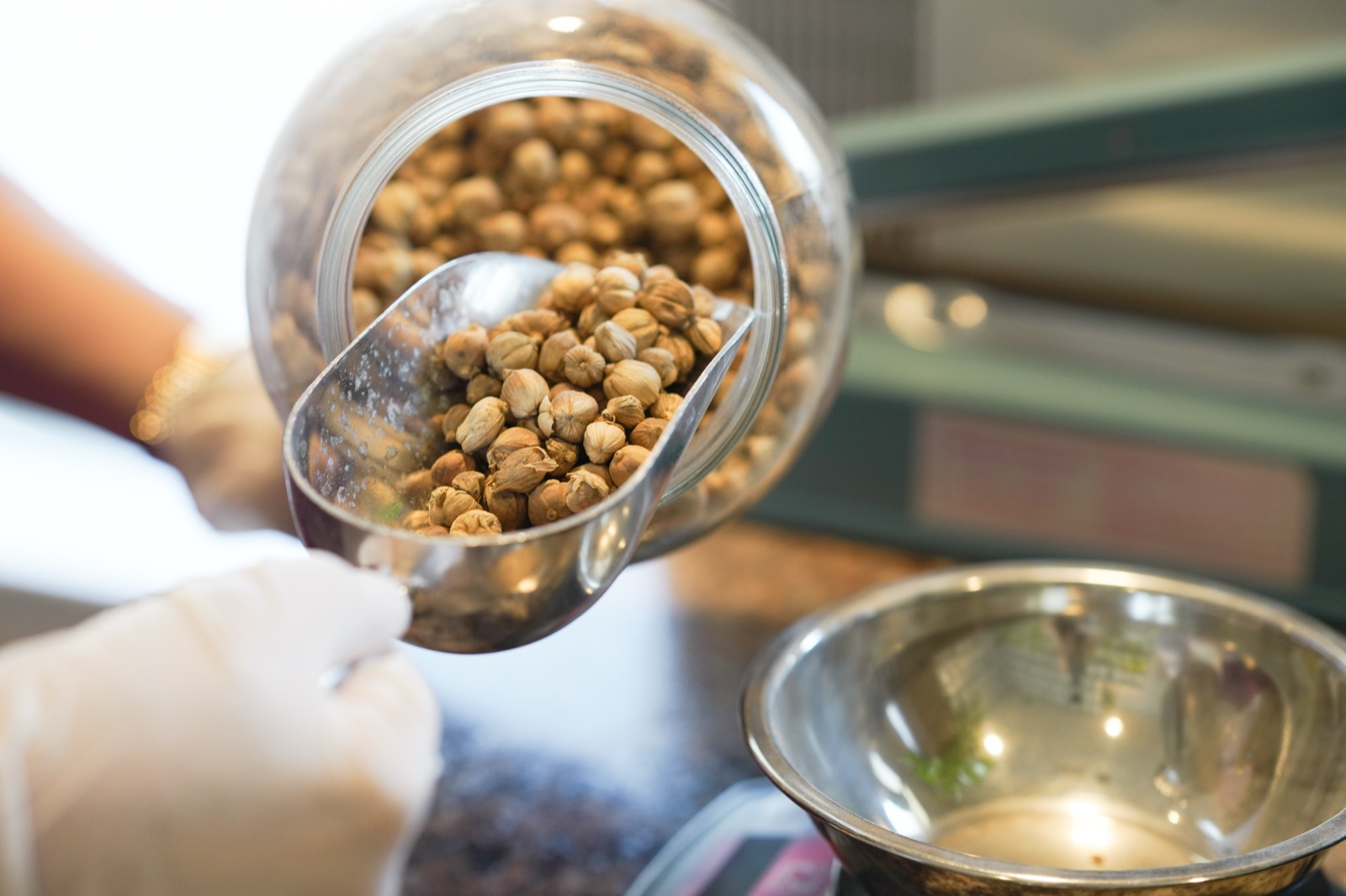 Measuring dried herbs from a jar in the clinic's herbal dispensary