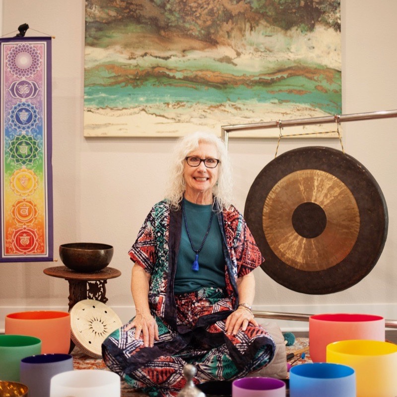 Kathie Fuller, sound healer, during a sound bath session