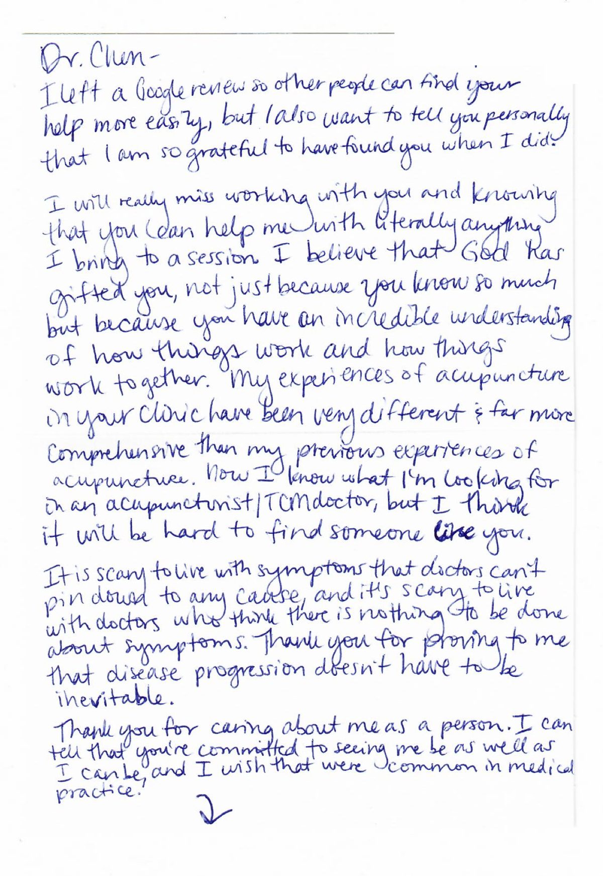 Handwritten thank-you note from a patient