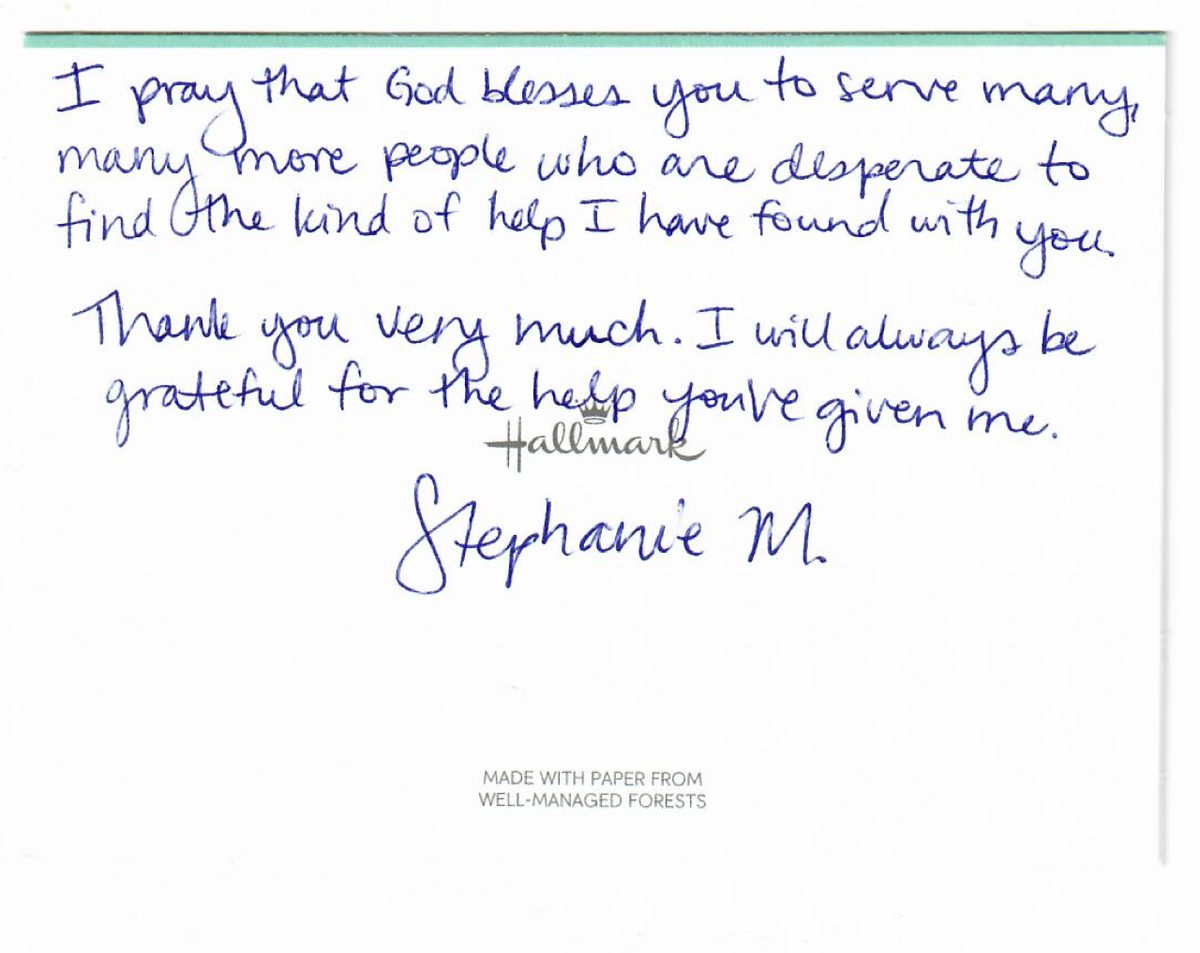 Handwritten thank-you note from a patient